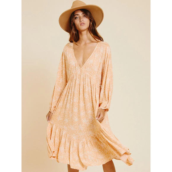 Peach Floral Print Long Sleeve V-Neck Midi Dress M - Picture 2 of 4